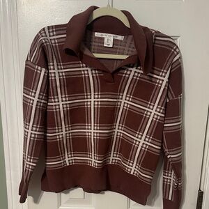 Max Studio Maroon Plaid V-Neck Sweater